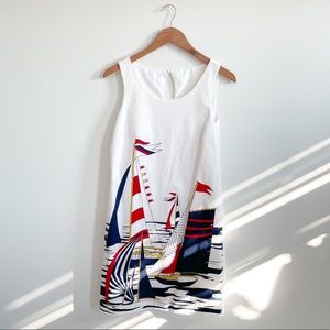 White Shift Dress Nautical Sailboat intarsia Vintage sleeveless sheath